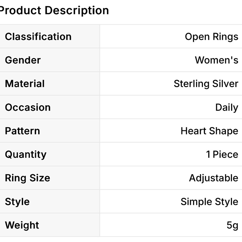Sterling Silver Simple Style Heart Shape Open Rings - Picture 6 of 6